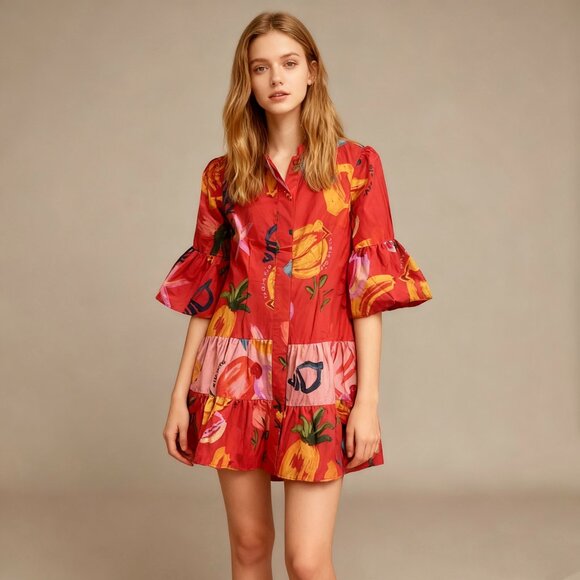 NWOT FARM Rio Mixed Fruits Ocean Bright Vibrant Dress Ruffle Sleeve Size S